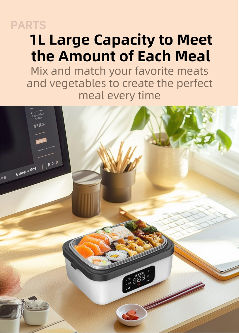 Cordless Heated Lunch Box 1L – USB Rechargeable Stainless Steel Bento Box (Black)