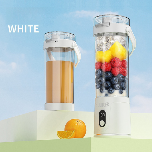 White portable blender juicer with digital display, whole fruits, and juice, outdoors with orange