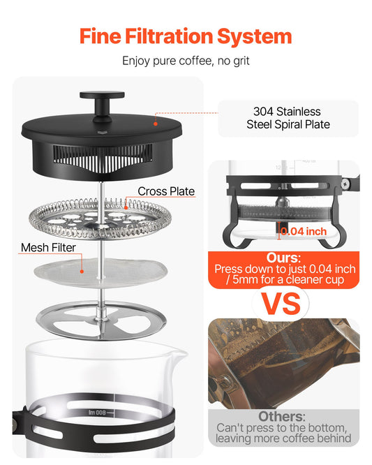 VEVOR French Press Coffee Maker, 1 Liter Borosilicate Glass Coffee Press Tea Maker with Stainless Steel Filter, Large Glass French Presses Cold Brew for Camping Travel Home Kitchen, Silver