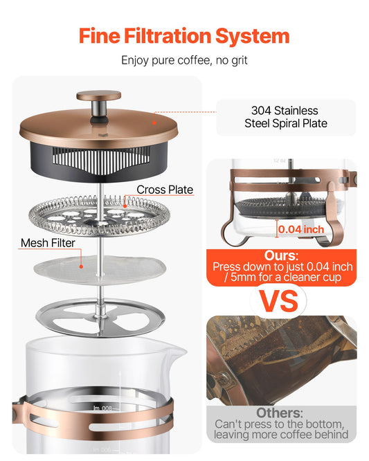 VEVOR French Press Coffee Maker, 1 Liter Borosilicate Glass Coffee Press Tea Maker with Stainless Steel Filter, Large Glass French Presses Cold Brew for Camping Travel Home Kitchen, Copper