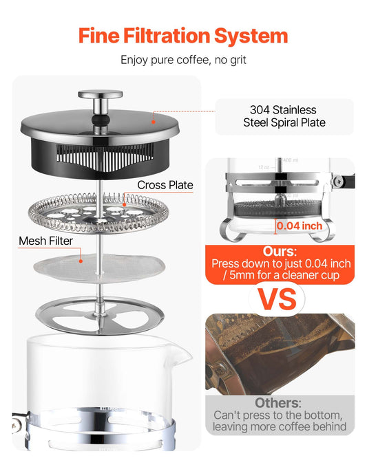 VEVOR French Press Coffee Maker, 1 Liter Borosilicate Glass Coffee Press Tea Maker with Stainless Steel Filter, Large Glass French Presses Cold Brew for Camping Travel Home Kitchen, Silver