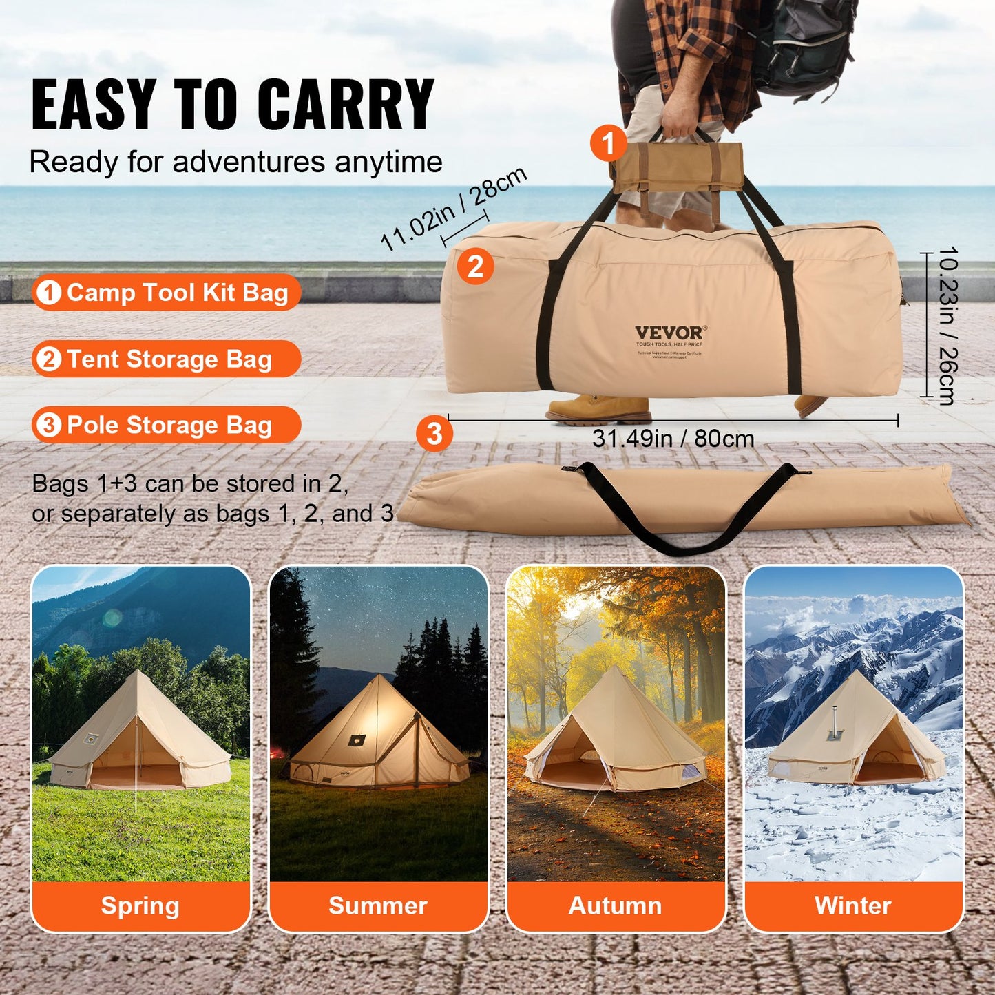 VEVOR Canvas Bell Tent 3m/9.8ft 4-Season Canvas Tent for Camping with Stove Jack
