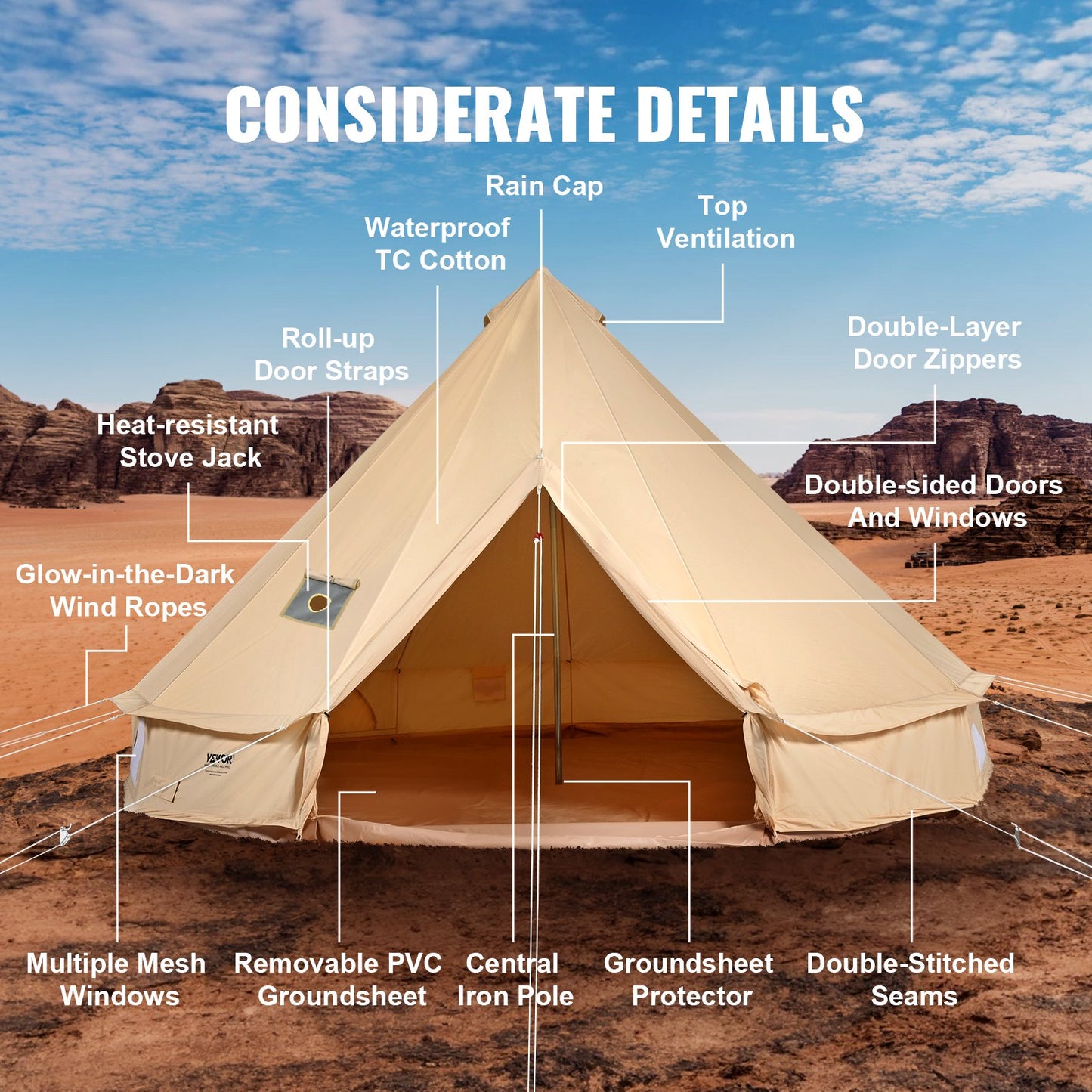 VEVOR Canvas Bell Tent 3m/9.8ft 4-Season Canvas Tent for Camping with Stove Jack