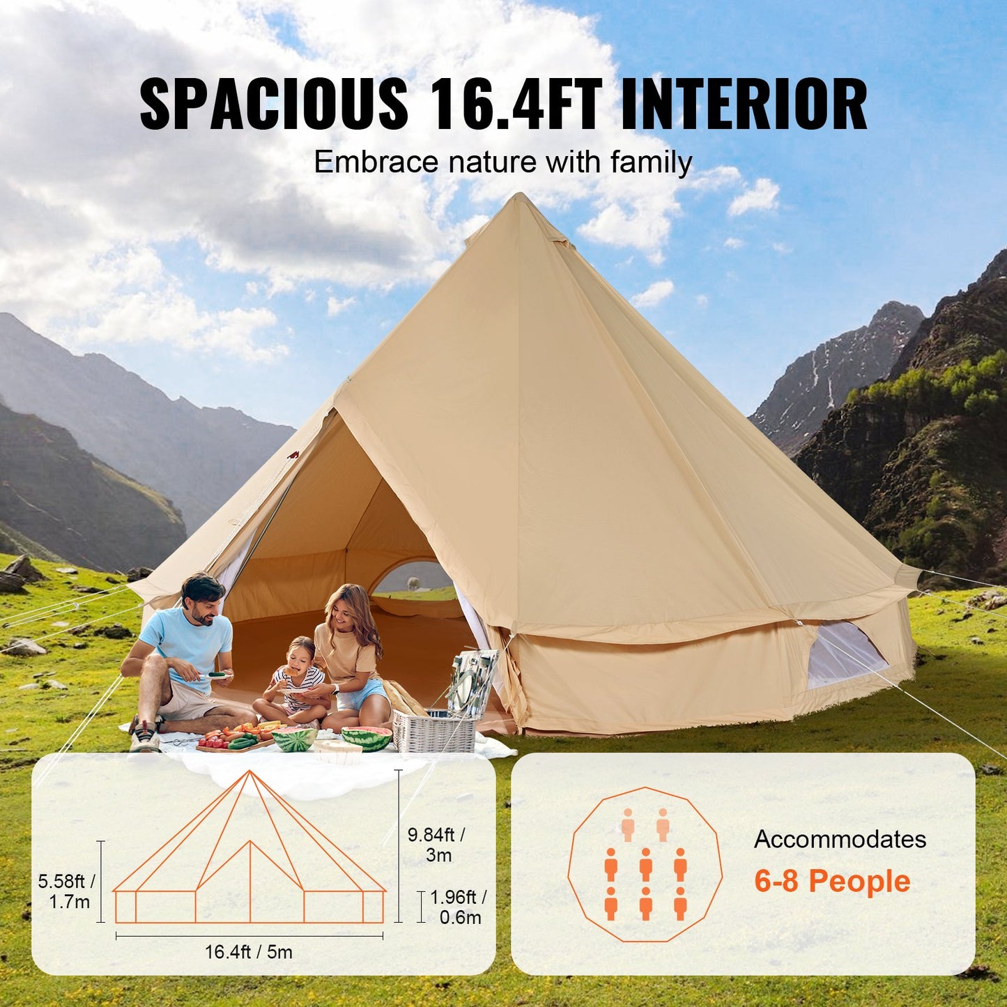 VEVOR Canvas Bell Tent 5m/16.4ft 4-Season Camping Yurt Tent with Stove Jack