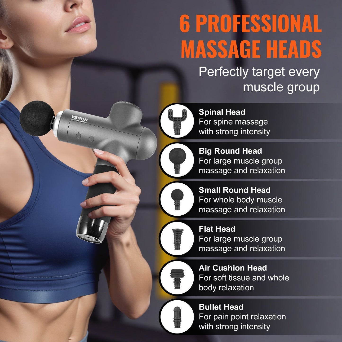 VEVOR Massage Gun Deep Tissue, Percussion Muscle Massager for Athletes - with 8 Speed Levels & 6 Massage Heads, 24V 2500mAh Batteries, Handheld Electric Massage Gun for Pain Relief, Muscle Relaxation