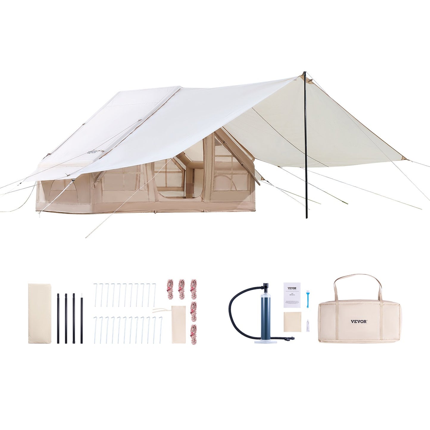 VEVOR Inflatable Tents for Camping, 3-5 Person Easy Setup Blow up Tent with Hand Pump, 300D Oxford 4 Season Glamping Tent with Canopy, Stove Jack, 2 Doors & 2 Mesh Windows (Storage Bag Included)