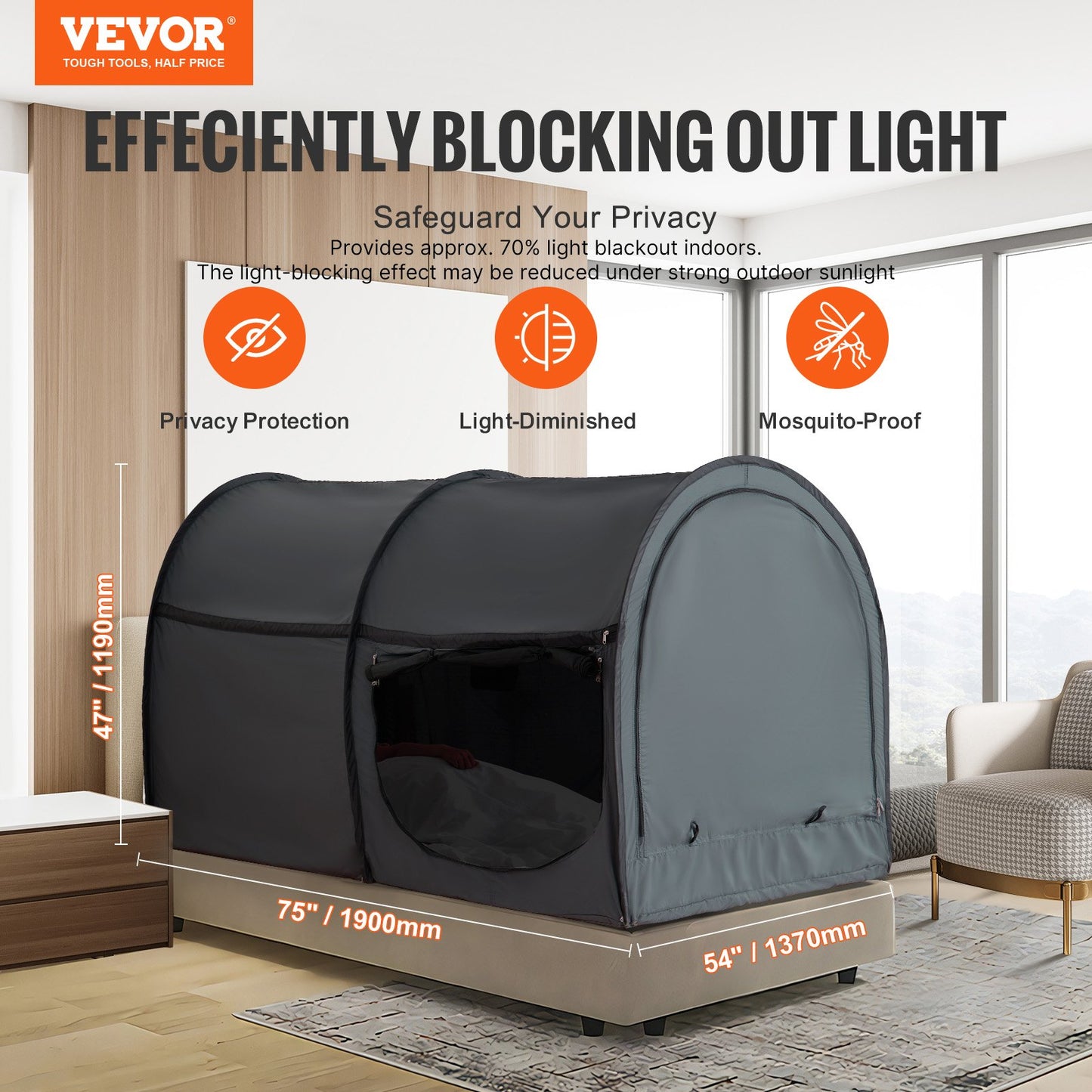 VEVOR Bed Tent, Pongee Fabric, 4 Doors Breathable Dream Tent with 7 mm Fiber Poles on Bed Privacy, Full Size Block out Light Sleeping Bed Canopy, Fit for Kids Playhouse and Adults Sleeping Tent