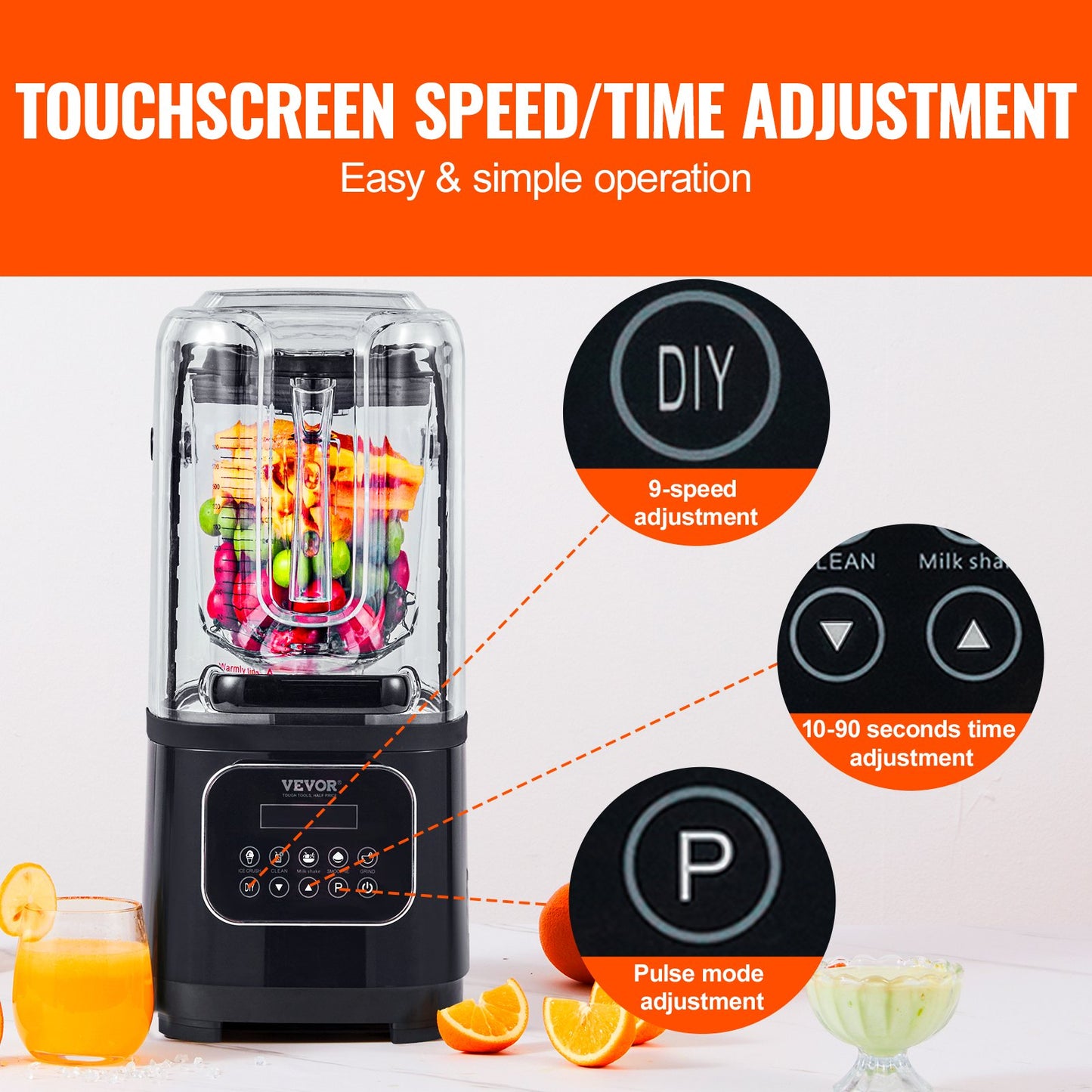 VEVOR Professional Blender with Shield, Commercial Countertop Blenders, 2L Jar Blender Combo, Stainless Steel 9 Speed & 5 Functions Blender, for Shakes, Smoothies, Peree, and Crush Ice, Black