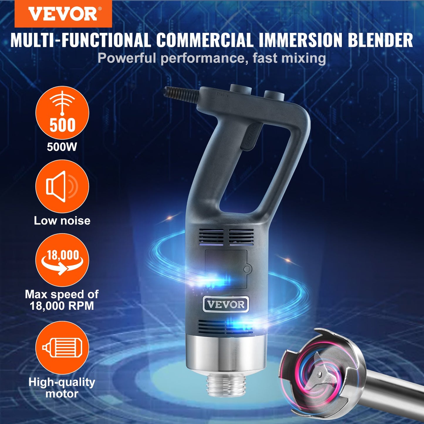 VEVOR Professional Stick Blender, 500W Powerful Handheld Mixer, Adjustable Speed with Stainless Steel Blade, Versatile Hand Mixer for Soups, Smoothies, Purees, and Baby Food
