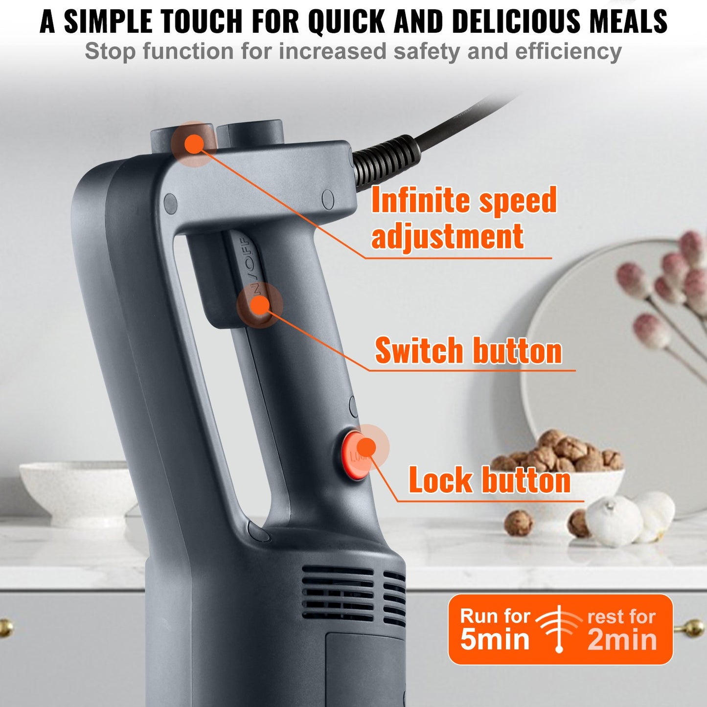 VEVOR Professional Stick Blender, 500W Powerful Handheld Mixer, Adjustable Speed with Stainless Steel Blade, Versatile Hand Mixer for Soups, Smoothies, Purees, and Baby Food