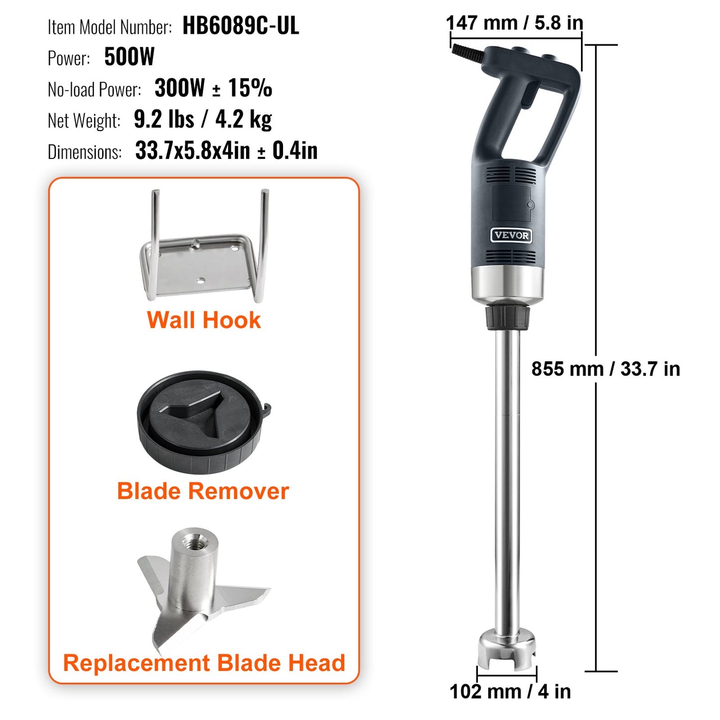 VEVOR Professional Stick Blender, 500W Powerful Handheld Mixer, Adjustable Speed with Stainless Steel Blade, Versatile Hand Mixer for Soups, Smoothies, Purees, and Baby Food